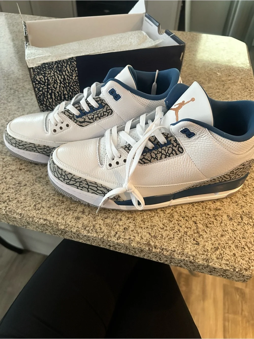 Air Jordan 3 Retro. Men’s White with Blue and Gold Jumpman Sneakers